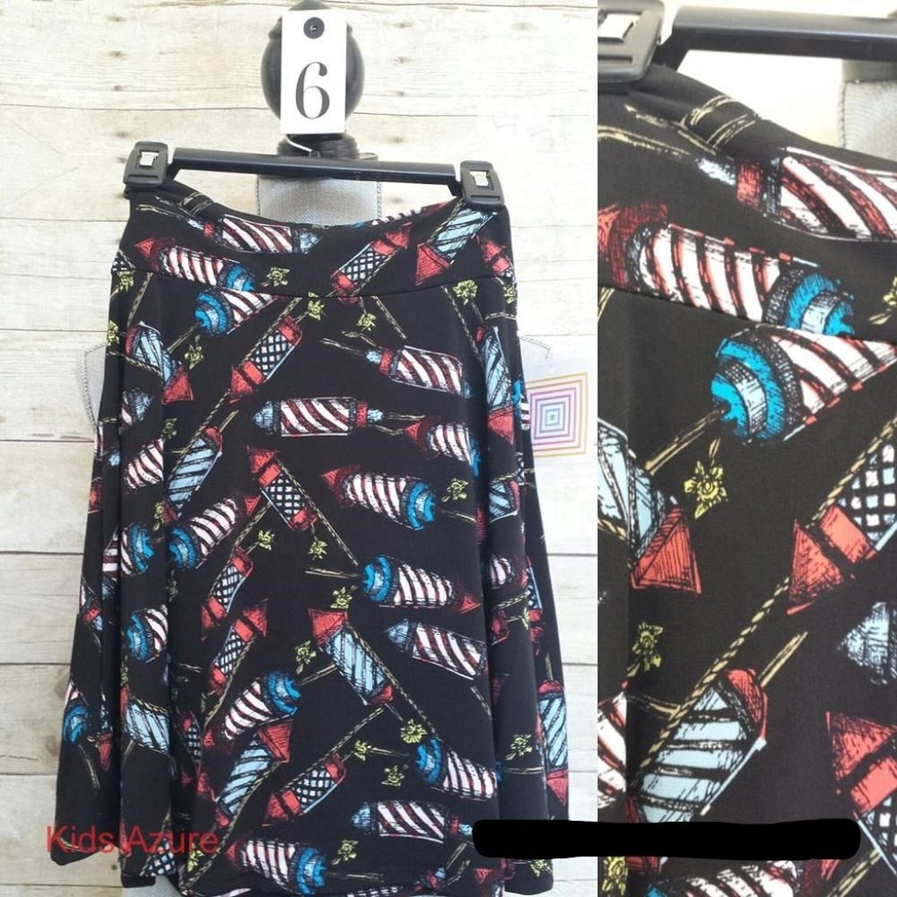 LuLaRoe Kids Azure Skirt 6 - Red, White & Blue Firecrackers with Gold on Black